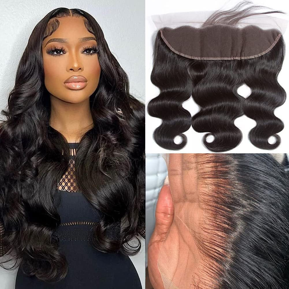 12A Free Part Ear to 13 X 4 Lace Frontal Closure Body Wave Transparent Frontals with Bangs Baby Hair Knots Can Be Bleached 100% Virgin Remy Human Natural Color (12, 13X4 Frontal)