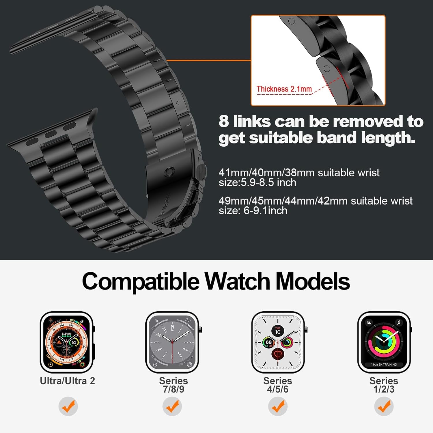 Compatible with Apple Watch Band 45Mm 44Mm 49Mm, Upgraded Stainless Steel Replacement Original Iwatch Bands for Series 9 Ultra 8 7 6 5 4 3 2 1 Women Men,Black