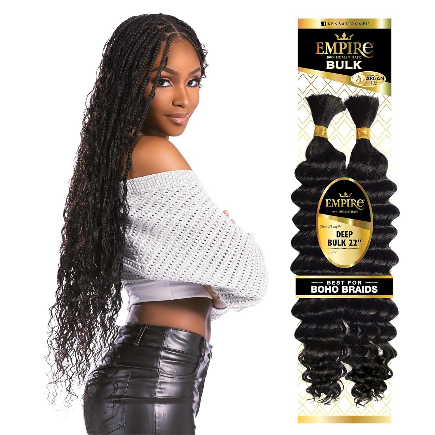 Empire Bulk Hair Braiding – Deep Bulk 18Inch Human Hair Boho Braids with for Knotless Box or Curly Loose Wave - HH Empire Deep Bulk (18 Inch, 1 JETBLACK)