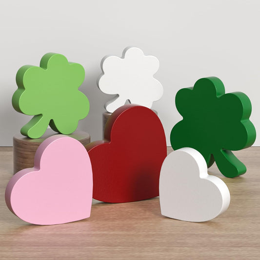 Valentine'S Day/St. Patrick'S Day Decorations Tiered Tray Decor, 6 Pcs Heart and Shamrock Wooden Signs Table Decor for Home Kitchen Office