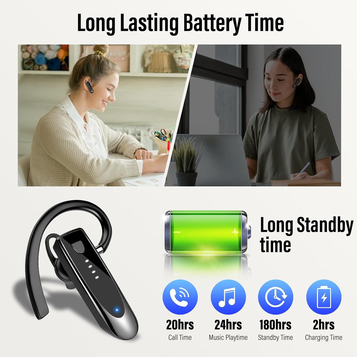 Bluetooth Earpiece, Bluetooth 5.4 Wireless Handsfree Headset with Microphone, 20Hrs Call Time Bluetooth Headset, 180 Hrs Standby Time Headset for Business/Trucker/Driver, Bright Black TRUCK DRIVER