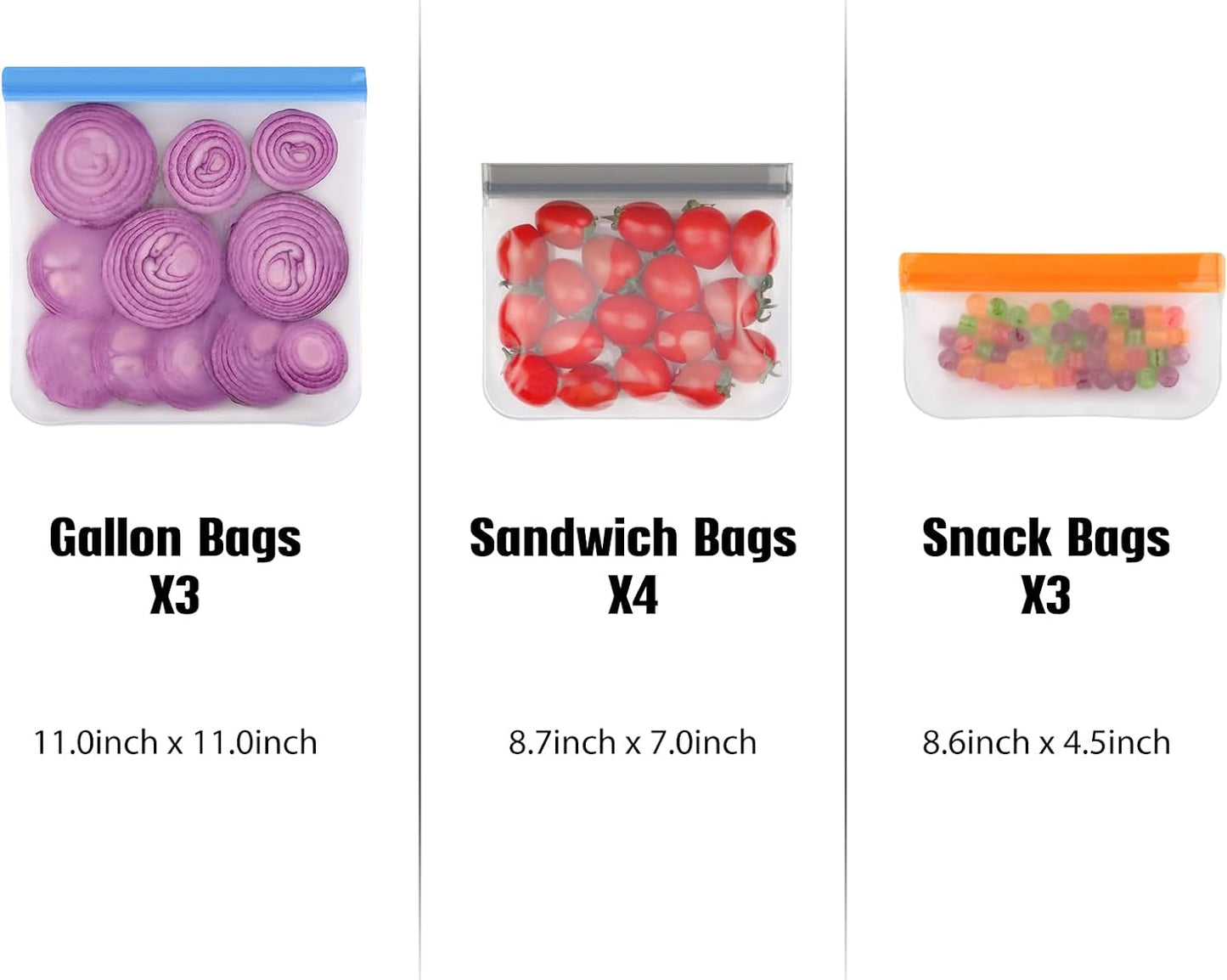10 Pack Dishwasher Safe Reusable Bags Silicone, Leakproof Reusable Freezer Bags, BPA Free Reusable Storage Bags for Lunch Marinate Food Travel - 3 Gallon 4 Sandwich 3 Snack Bags