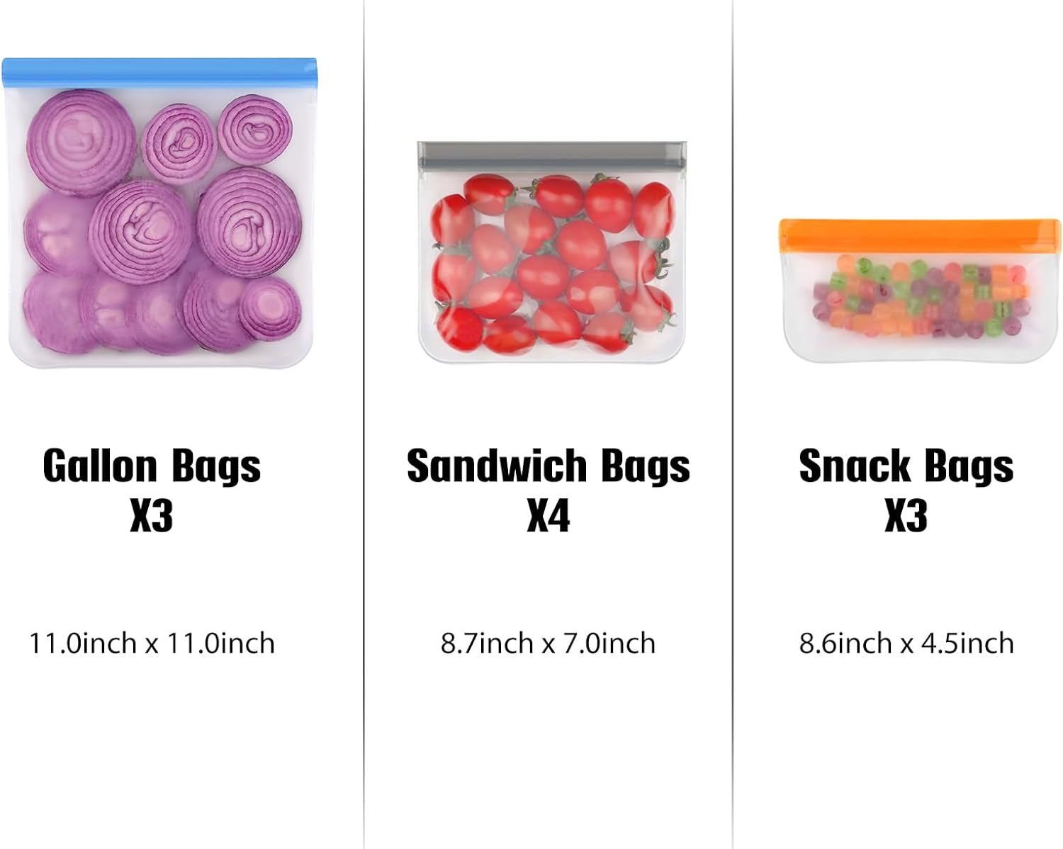 10 Pack Dishwasher Safe Reusable Bags Silicone, Leakproof Reusable Freezer Bags, BPA Free Reusable Storage Bags for Lunch Marinate Food Travel - 3 Gallon 4 Sandwich 3 Snack Bags