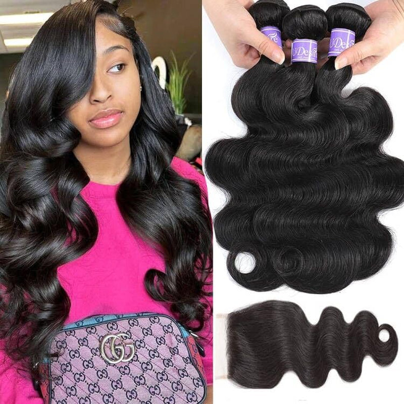 Hair 12A Brazilian Body Wave Bundles with Closure (10 12 14+10,Free Part)100% Unprocessed Brazilian Virgin Human Hair Body Wave Bundles with Closure Natural Black Color