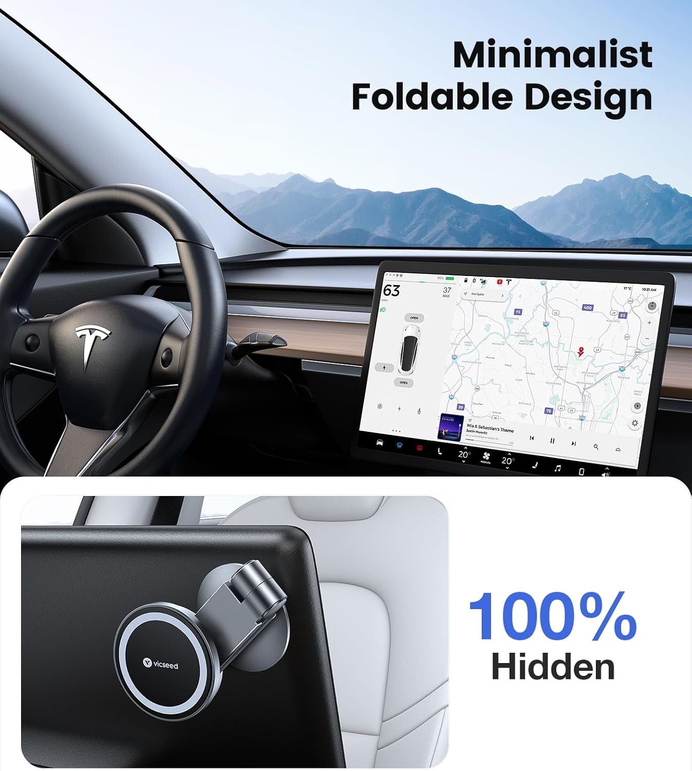 Tesla Phone Mount【Strongest Magnet Power】Magsafe Car Mount for Tesla Model 3 Model Y, Foldable Hidden Tesla Phone Holder Fit for All Phone, Tesla Model Y Accessories Tesla Model 3 Accessories