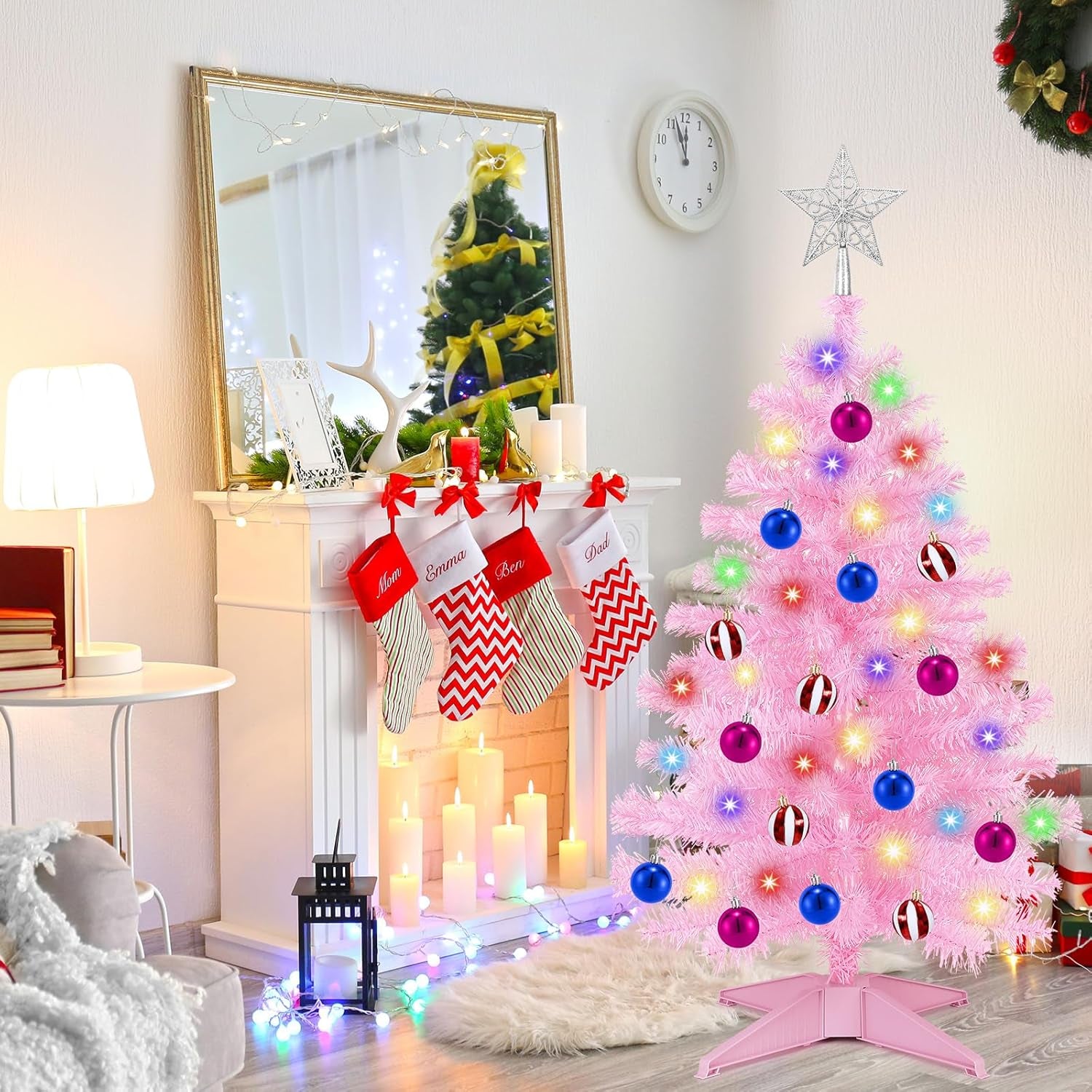 [ Timer & 12 Modes ] 3 Ft Pink Christmas Tree with DIY 50 Warm White Lights 15 Ball Ornaments & 3D Star Battery Operated Small Christmas Tree Indoor Home Tables Holiday Xmas Christmas Decorations