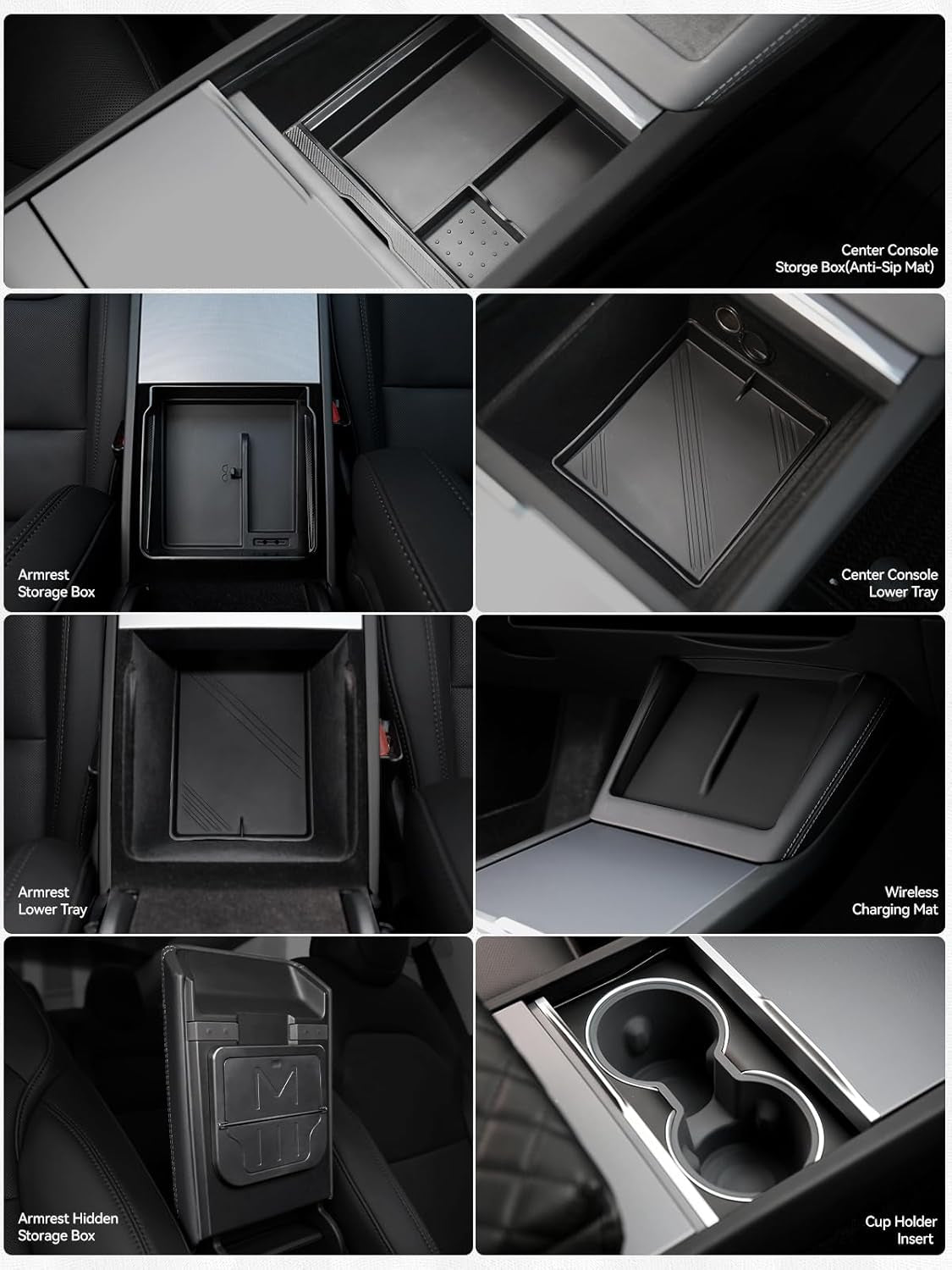 7PCS Center Console Organzier Tray for Tesla Model 3 Highland 2025 2024, Armrest Hidden Storage Box Cup Holder Wireless Charger Pad for Tesla Model 3 Accessories 2024 2025