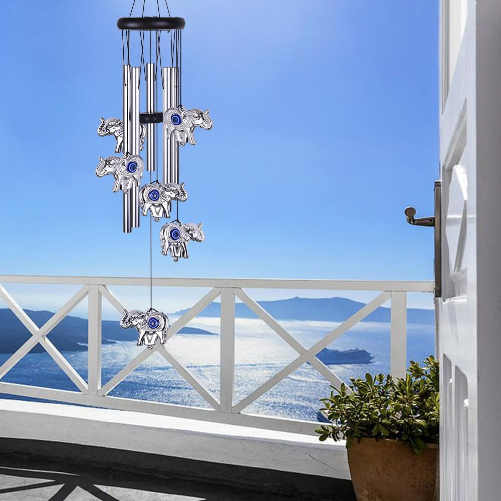 Blue Evil Eye Elephant Wind Chimes Outdoor Decor, Mobile Evil Eye Windcatcher, Evil Eye Elephant Wind Bells, Blue Evil Eye Amulet Wind Chimes for Home, Gift for Mom, Balcony, Patio, Garden Decoration