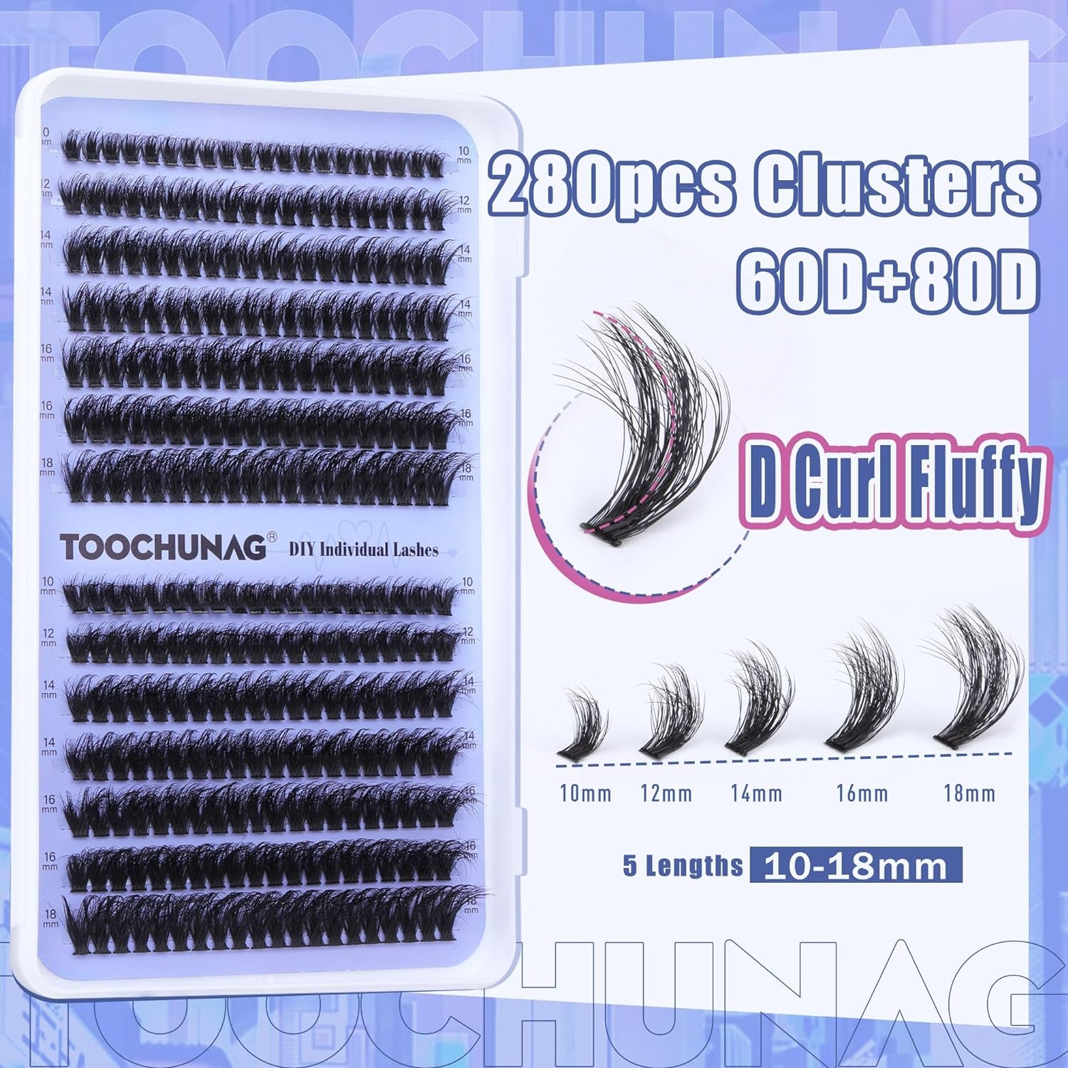 Fluffy Lash Clusters 60D+80D Thick Eyelash Clusters D Curl Wispy Individual Lashes 10-18Mm Cluster Eyelash Extensions 280Pcs False Eyelashes DIY Flat Lash Extension by
