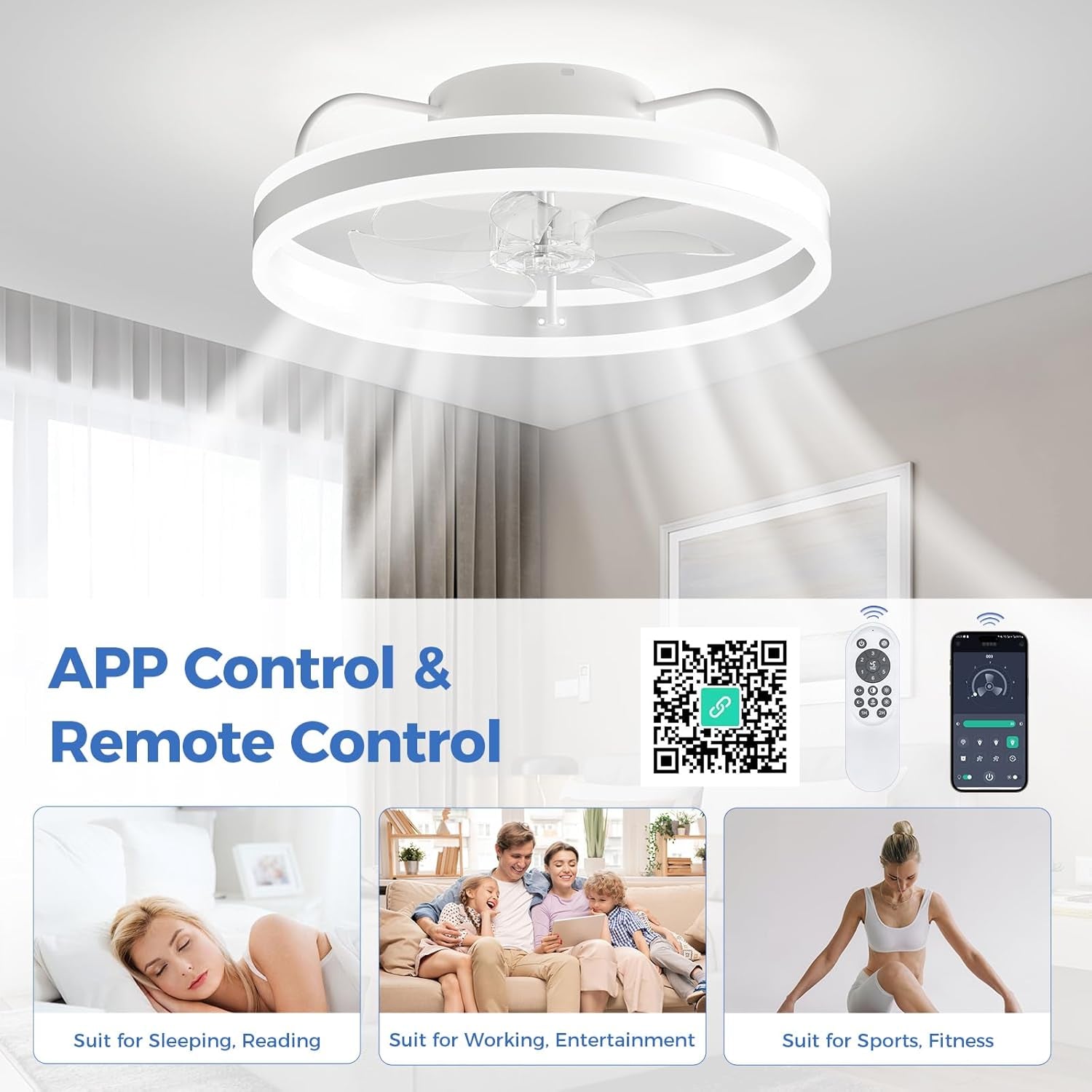 Ceiling Fans with Lights and Remote 20", Ceiling Fan APP Control Dimmable Low Profile Flush Mount Bladeless Ceiling Fan Indoor Modern Smart with Light for Living Room, Bedroom, Kitchen