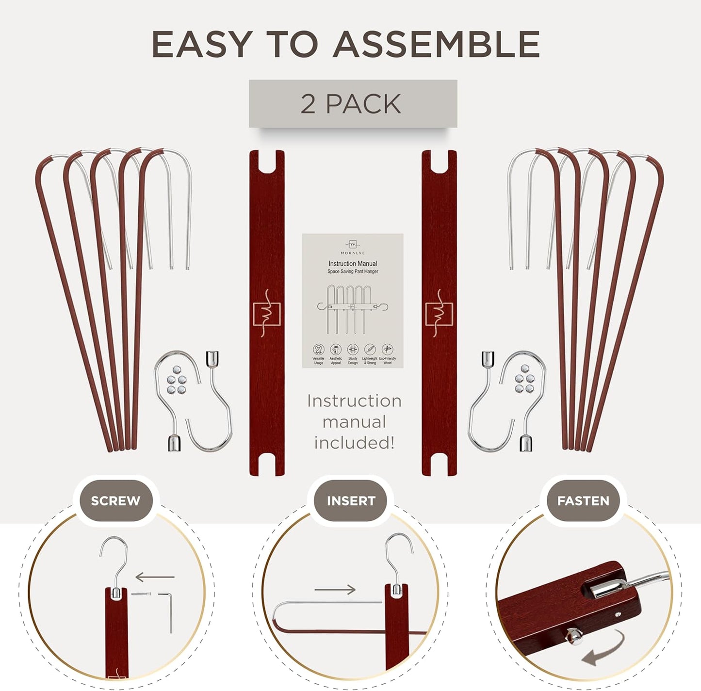 Pants Hangers Space Saving - 2 Pack European Beechwood Scarf Hangers - Closet Organizer Jean Hangers - Scarf Holder Closet Space Saving Hangers - Pant Rack Leggings Hanger Space Saver