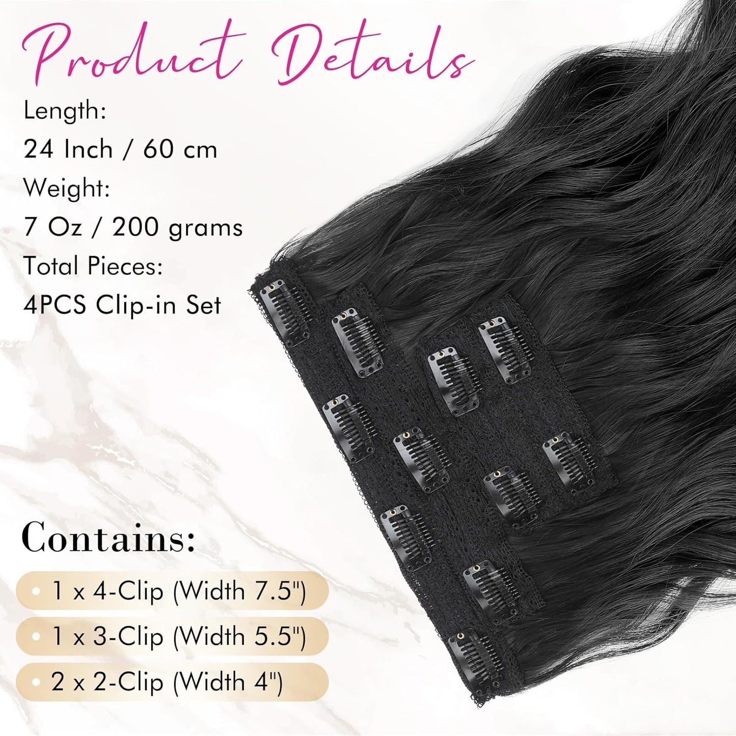 Hair Extensions, 4PCS Clip in Hair Extensions 24" Thick Long Beach Waves Black Hair Extensions HE003 Invisible Lace Weft Natural Soft Synthetic Hairpieces for Women – Black