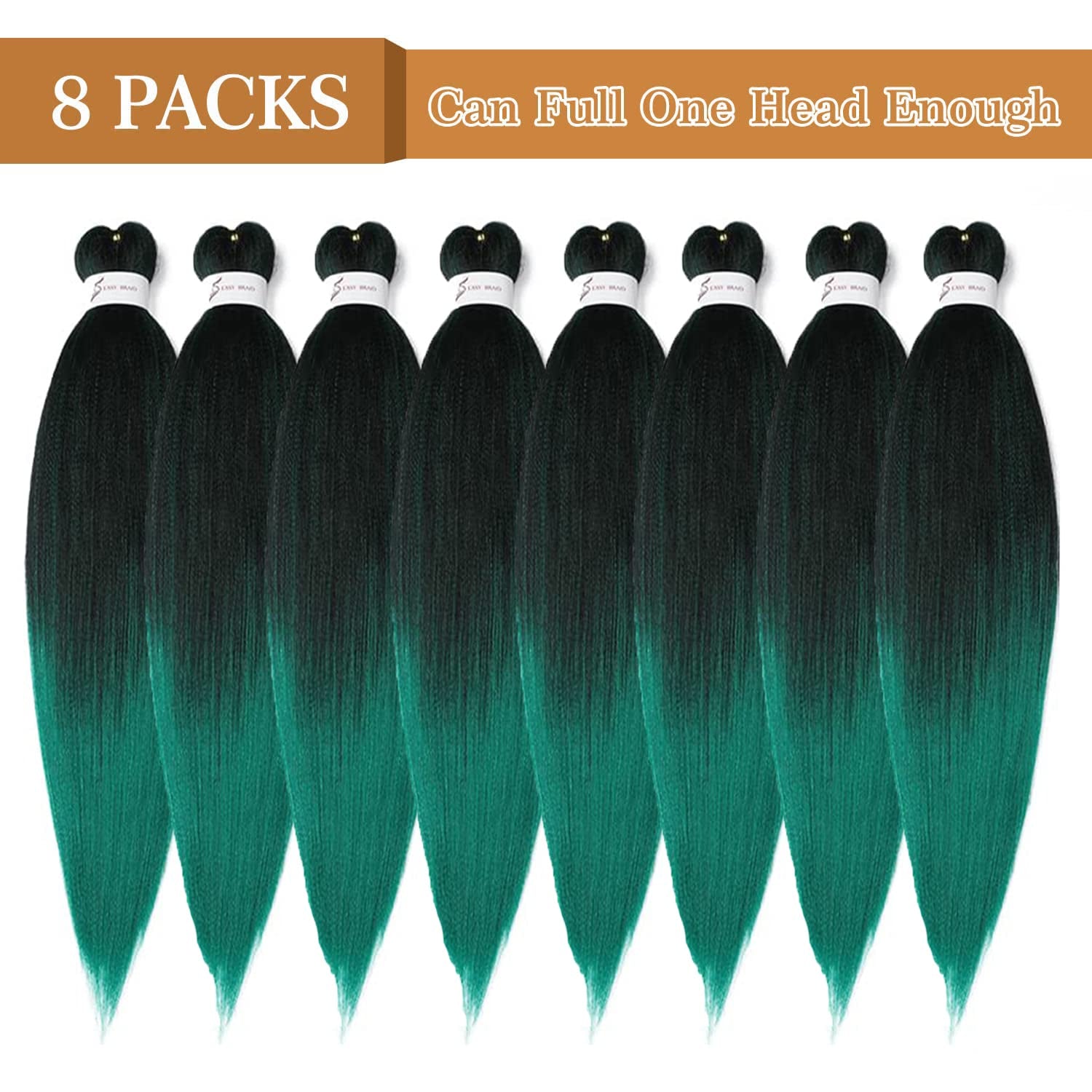 Pre-Stretched Braiding Hair, 24 Inch Braiding Hair 8 Packs Ombre Black to Green Professional Soft Yaki Texture,No Itch, Hot Water Setting Hair Extensions for Braids (24In,1B/Green)