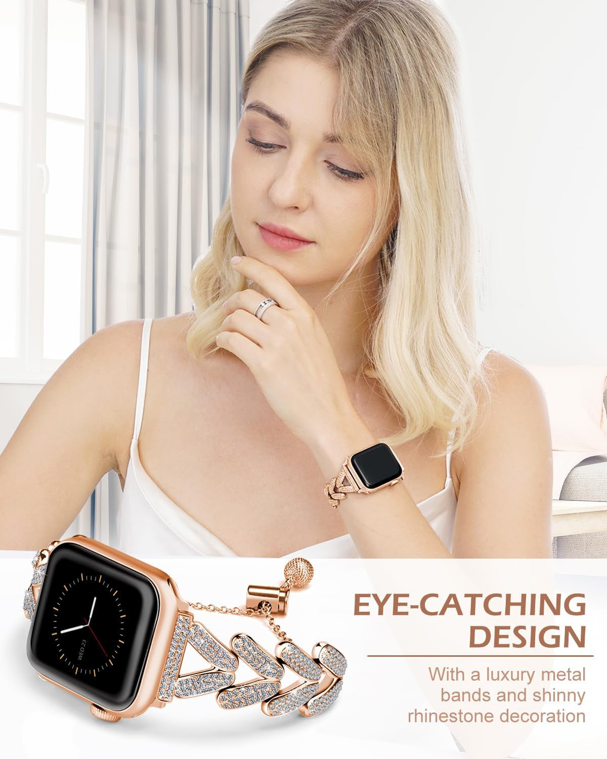 Compatible with Apple Watch Band 44Mm Women Bling Diamond Jewelry Metal Strap, V-Shape Shiny Bracelet Stainless Steel Wristband for Iwatch 42Mm 45Mm 49Mm Series 8/7/6/5/4/3/2/1/SE Rose Gold
