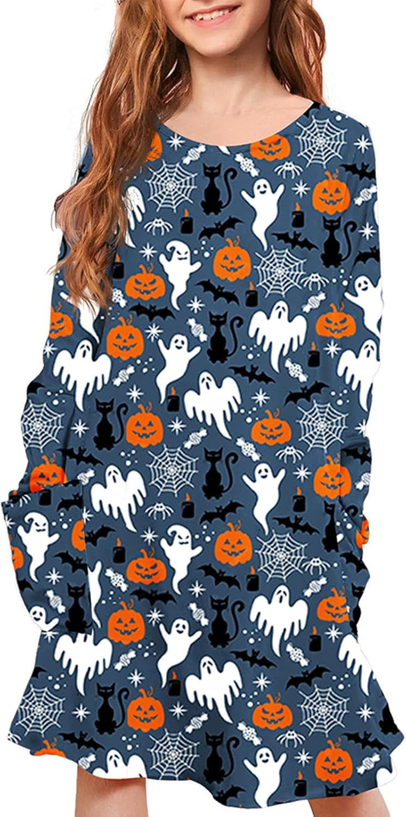 Girls Halloween Costumes Dresses for Kids Costume Dress Long Sleeve Printed Shirt Dresses with Pockets