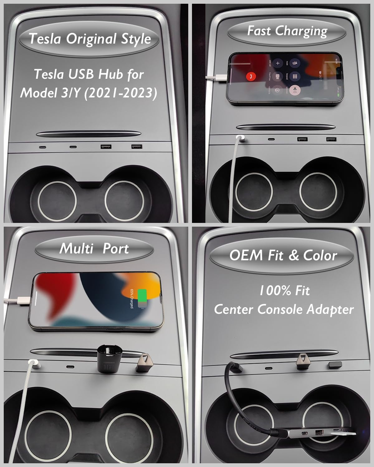 Center Console USB Hub for Tesla Model Y (2021-2024) and Tesla Model 3 (2021-2023), Support USB-C Fast Charging Multi Port Tesla Phone Charger, Tesla Model Y/3 Accessories OEM Fit Center Console