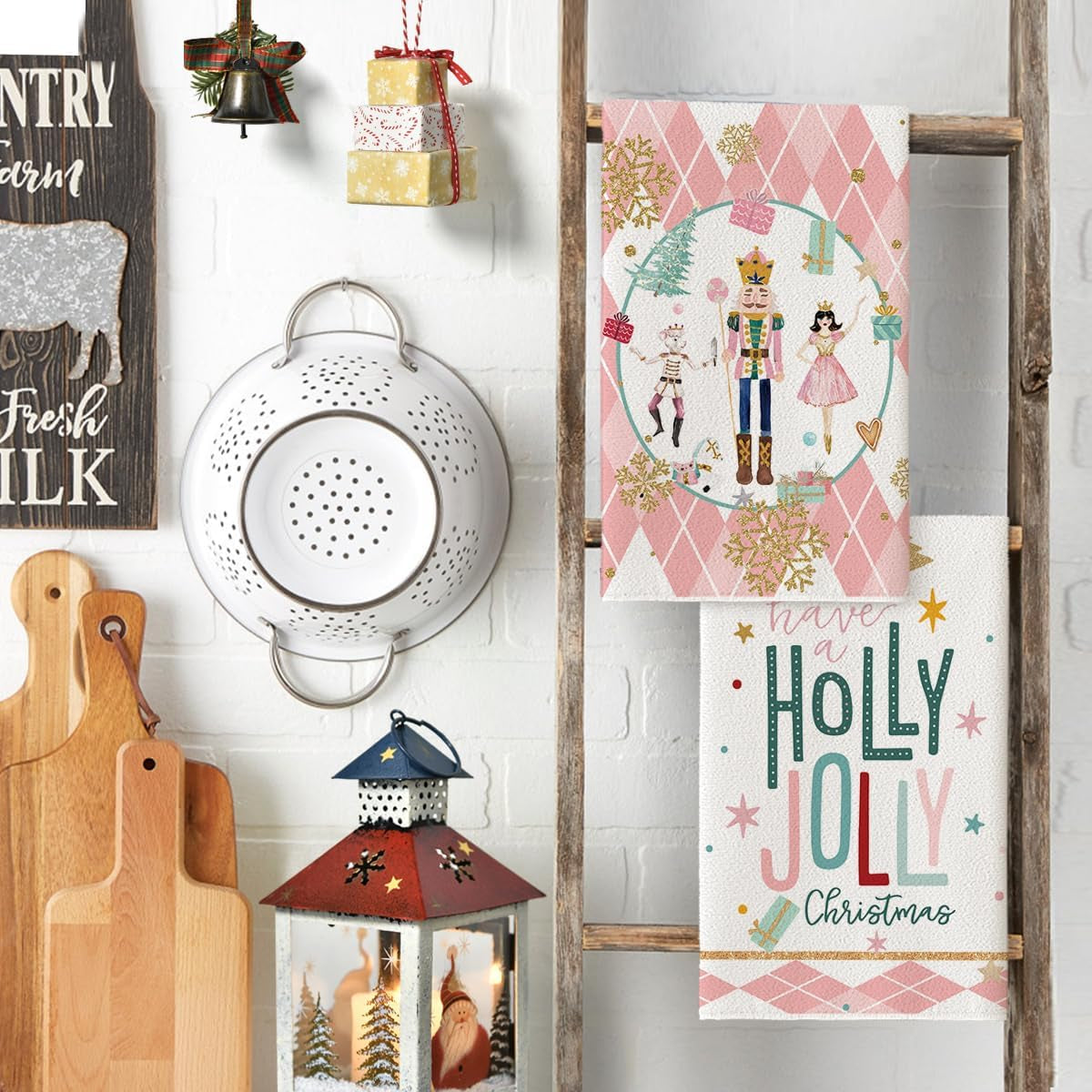 Pink Nutcrackers Tree Holly Jolly Merry Christmas Kitchen Towels Dish Towels, 18X26 Inch Seasonal Winter Xmas Decoration Hand Towels Set of 4