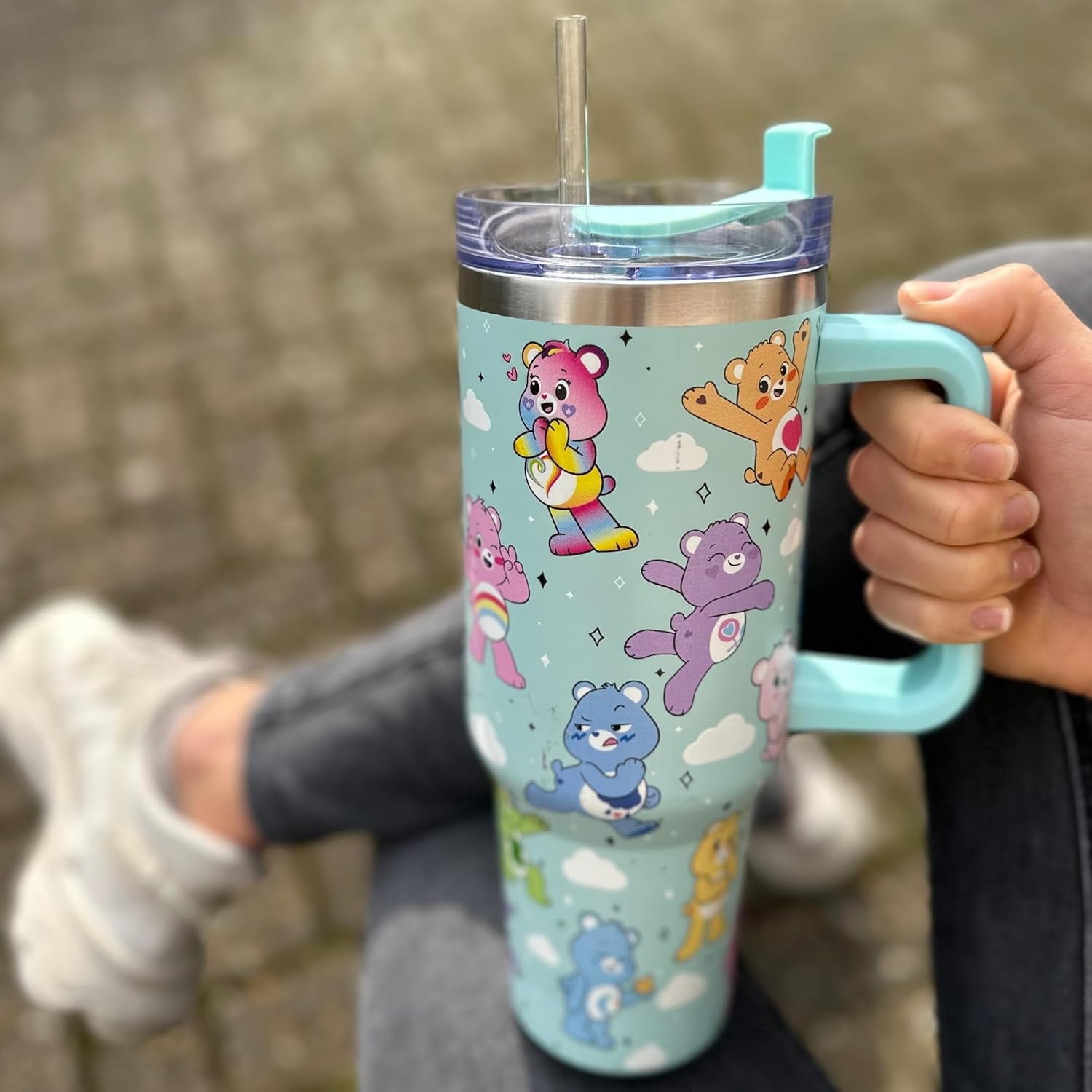 Care Bears 40Oz / 1200 ML Tumbler with Straw & Lid | Leak & Spill Proof Travel Mug | Stainless Steel Double Wall Vacuum Insulated Water Bottle with Handle Keeps Cold for 17Hrs or Hot for 5Hrs UK