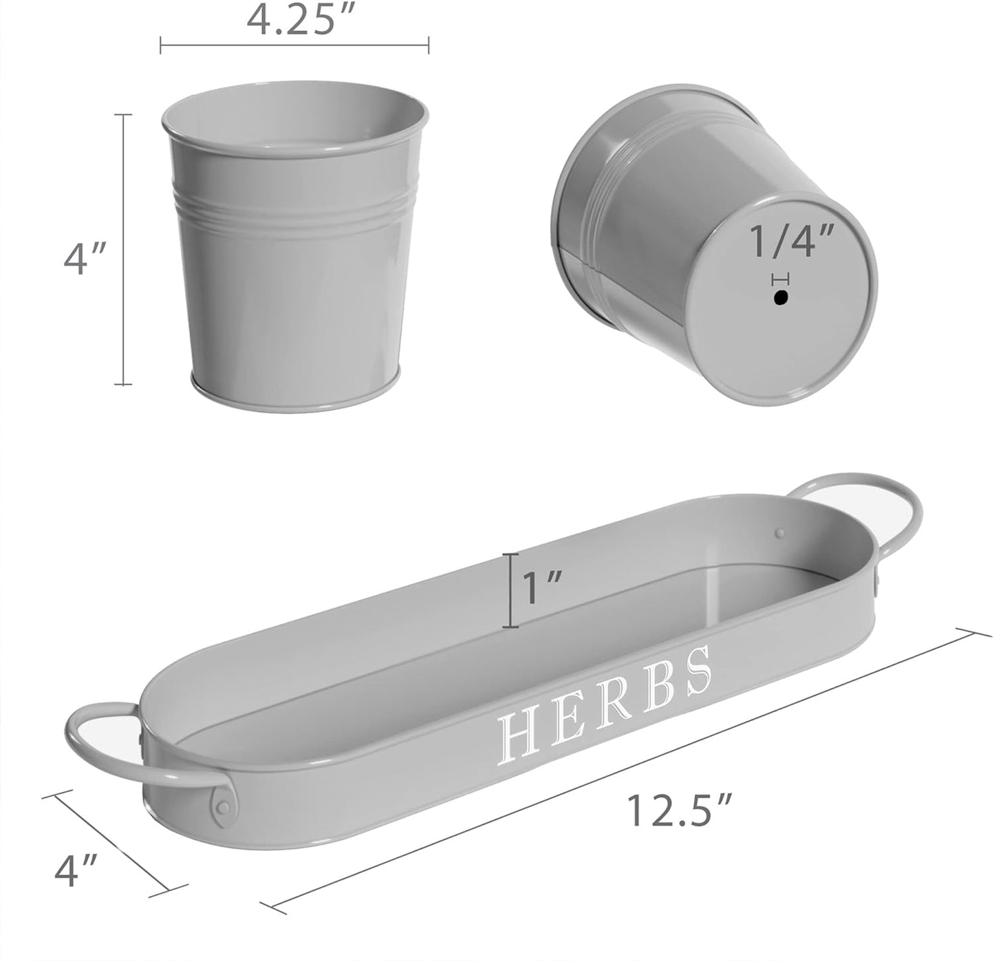 Indoor Herb Garden Planter Set with Tray, Metal Windowsill Plant Pots with Drainage for Outdoor or Indoor Plants, Set/3 (Cool Grey)