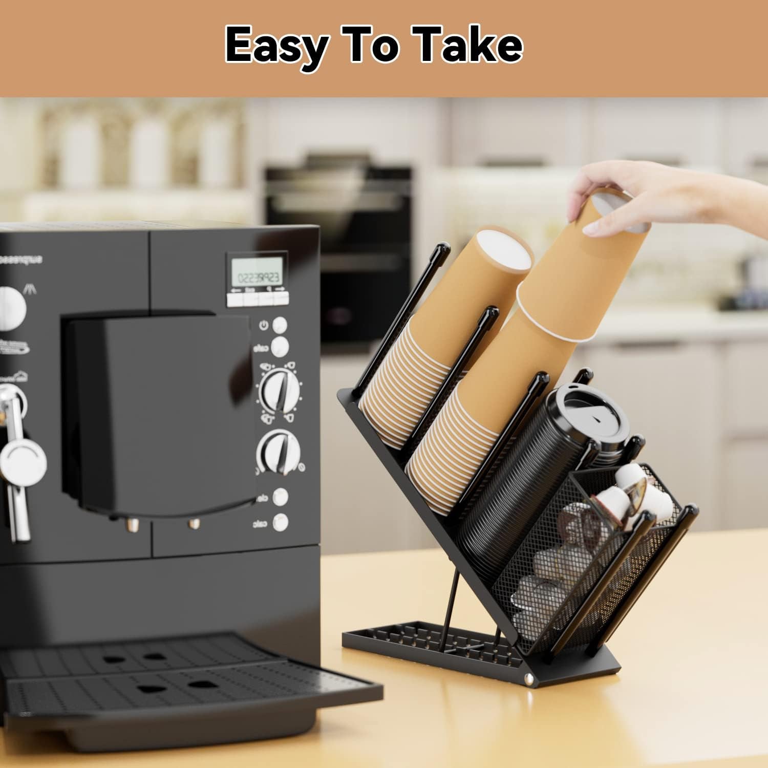 Cup and Lid Holder - Adjustable Coffee Cup Holder Organizer 4 Compartment Disposable Cup Dispenser with Mesh Basket for Coffee Pod Straw Storage Metal (Black)