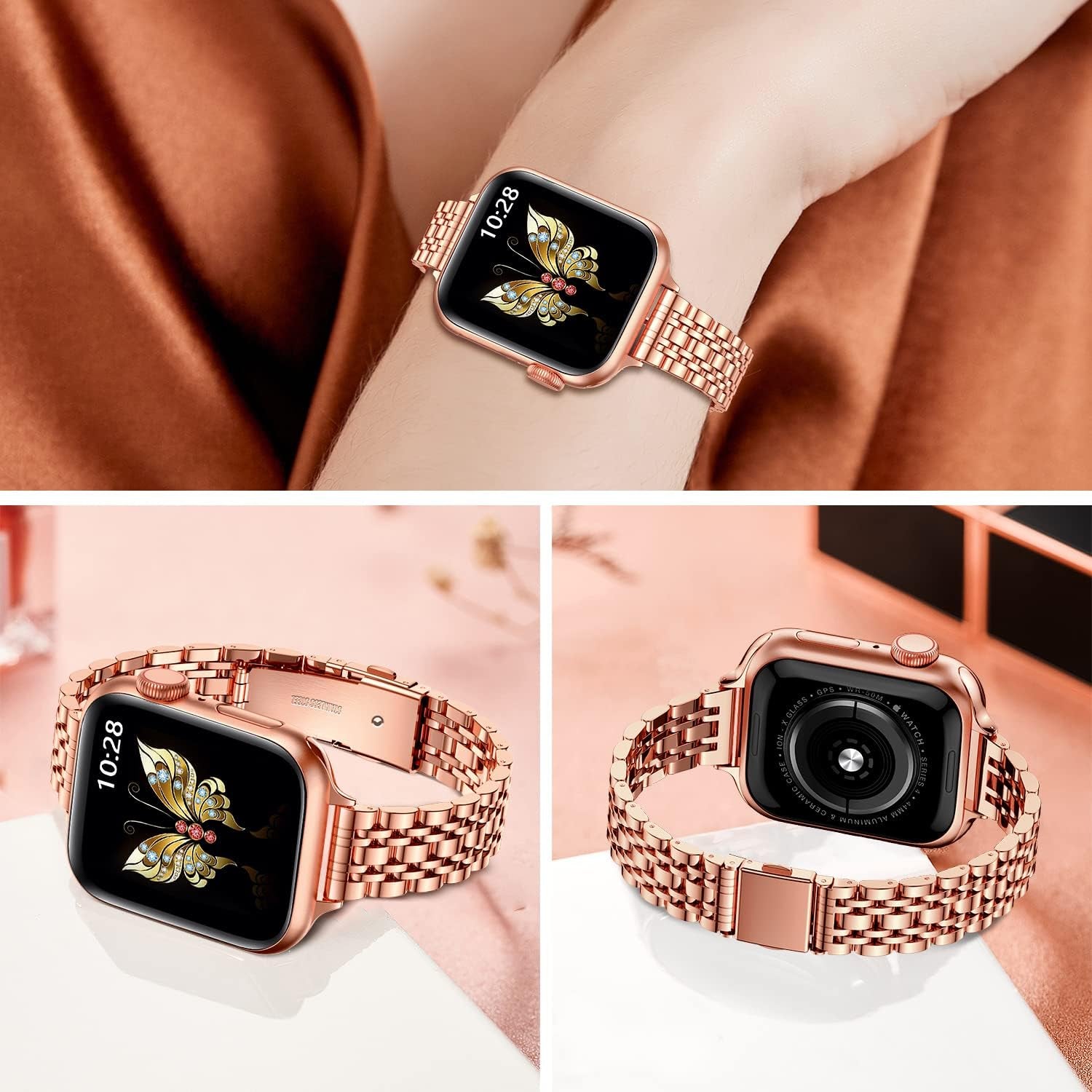 Slim Metal Band Compatible with Apple Watch Band 41Mm 40Mm 38,Mm,Dressy Stainless Steel Chain Strap for Women Iwatch Bands Series 9 8 7 6 5 4 3 2 1 Se,Rose Gold