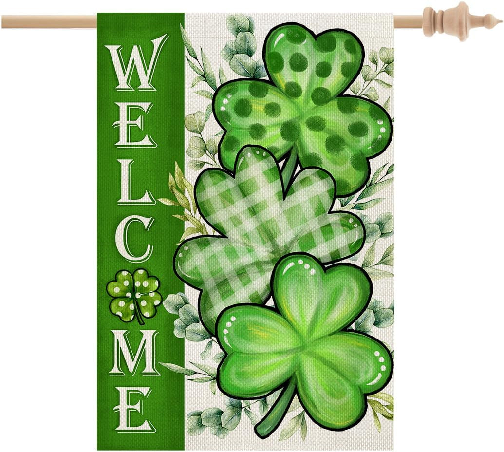 St Patricks Day Shamrocks Garden Flag 12X18 Inch Double Sided for outside Small Welcome Green Clovers Burlap Holiday Yard Flag