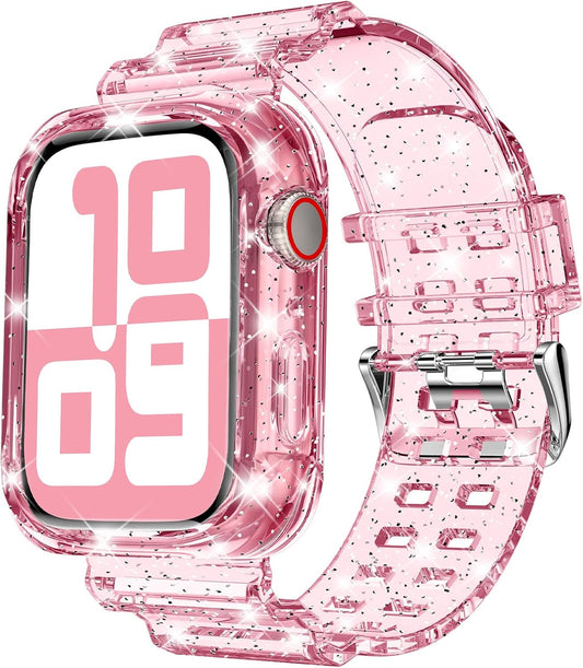 Compatible for Clear Apple Watch Band with Bumper Case, Women Men Glitter Bling TPU Sport Strap for Iwatch SE Ultra Series 10 9 8 7 6 5 4 3 2 1