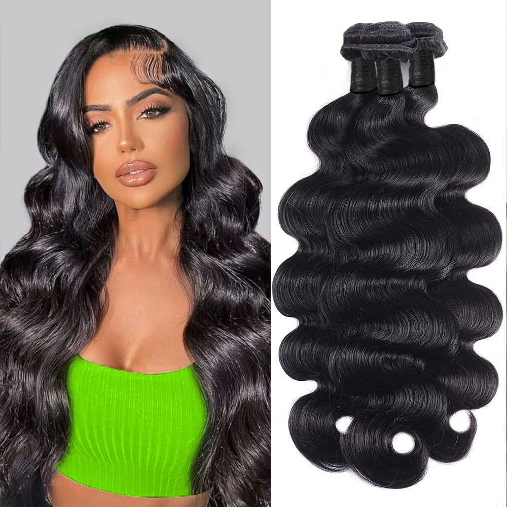 Human Hair Bundles 20 22 24 Inch Body Wave Bundles Human Hair 12A 100% Unprocessed Brazilian Virgin Hair Weave Bundles Human Hair Body Wave 3 Bundles Deals Real Human Hair Extensions Natural Black
