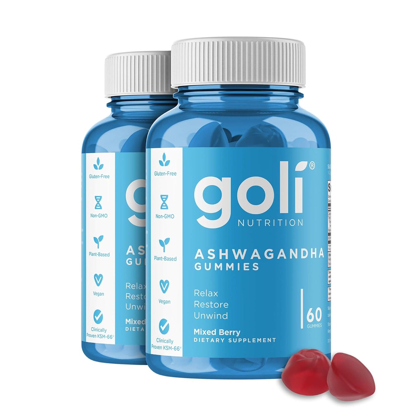 Ashwagandha & Vitamin D Gummy - 60 Count - Mixed Berry, KSM-66, Vegan, Plant Based, Non-Gmo, Gluten-Free & Gelatin Free Relax. Restore. Unwind, Pack of 1 TLBH