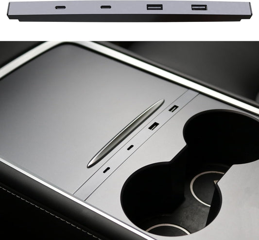 Car USB Hub Charger for Tesla Model Y 2021-2024 and Model 3 2021-2023, Support USB-C Fast Charging, Center Console Multiport Phone Charger OEM Docking Station Adapter Accessories