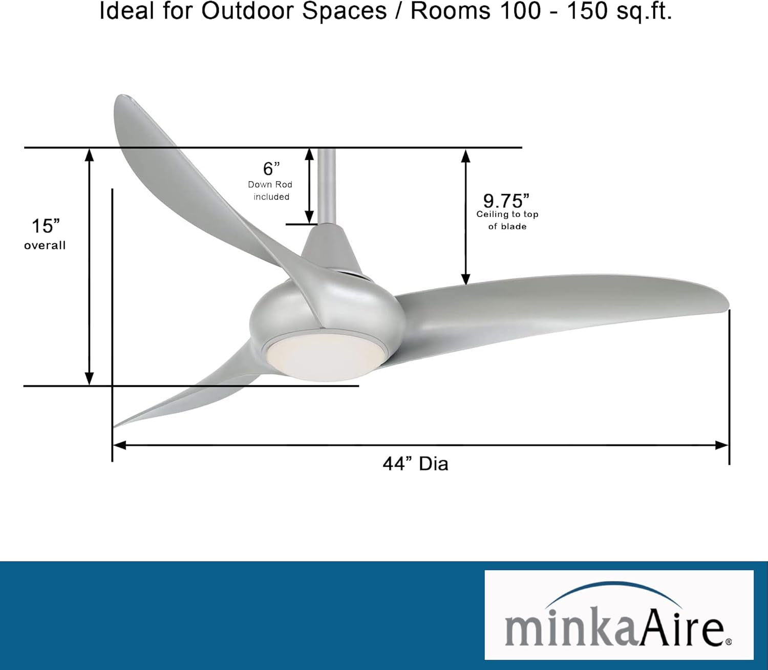 F845-SL Light Wave 44" Ceiling Fan with LED Light and Remote Control in Silver Finish