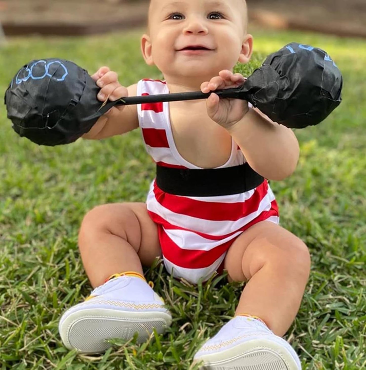 Strong Man Toddler Costume, Red Stripes Sleeveless U Neck Romper Short Jumpsuit with Belt, Halloween Cosplay Costume