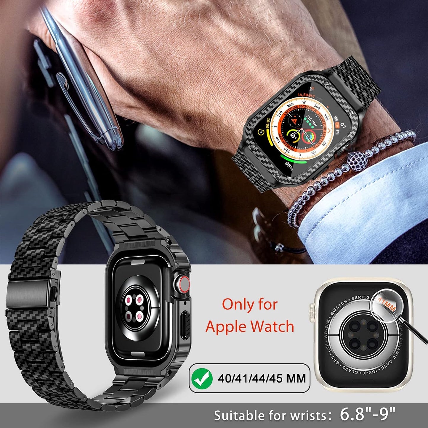 Stainless Steel Band and Case Compatible with Apple Watch Band 41Mm 40Mm 38Mm, Men Metal Protective Bumper Cover for Iwatch Series SE 9/8/7/6/5/4/3/2/1, Black Pattern