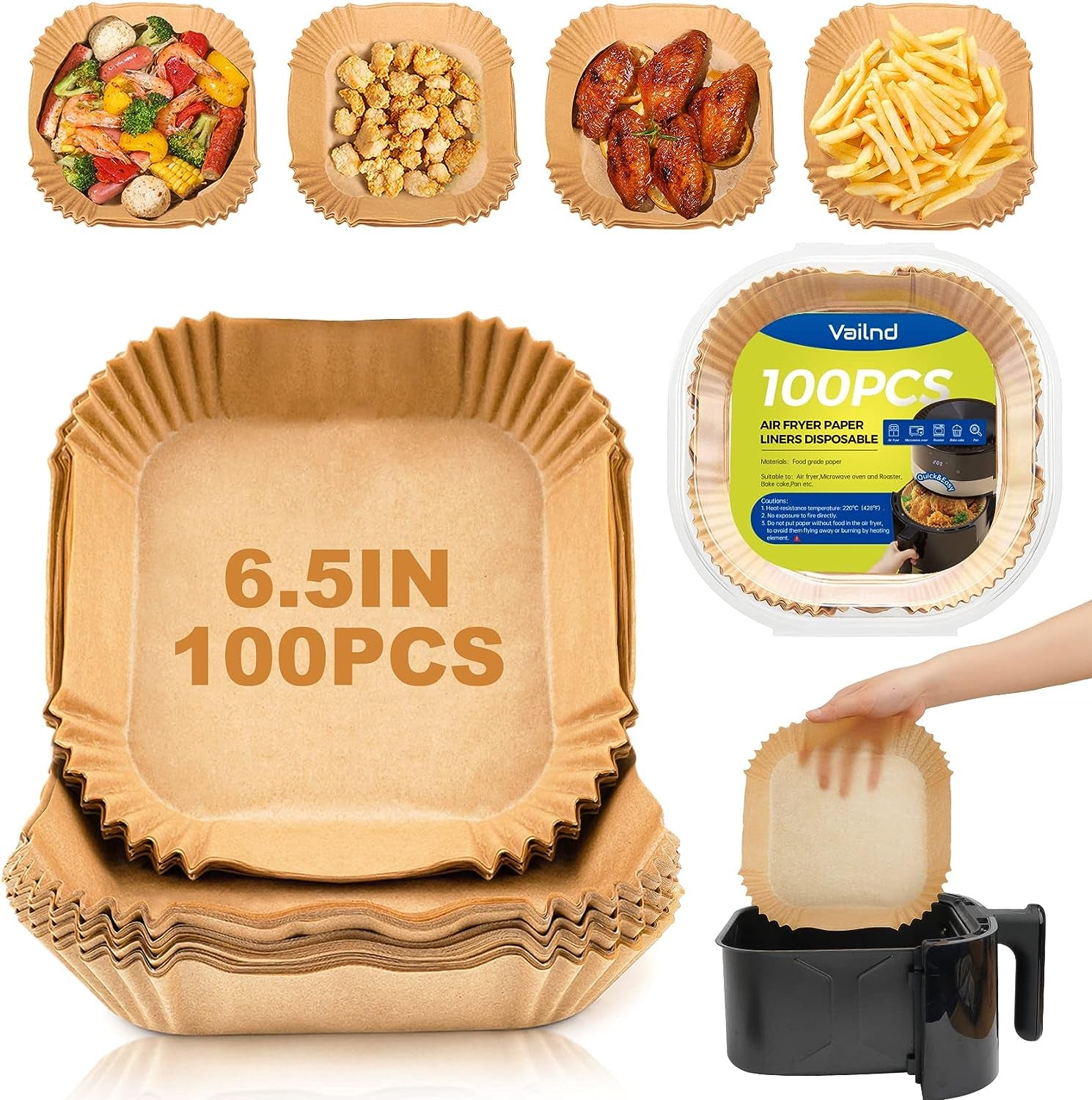 Air Fryer Paper Liners, 125Pcs Parchment Paper, Air Fryer Liner Disposable for Microwave, Non-Stick Air Fryer Liners Square Free of Bleach (8IN)