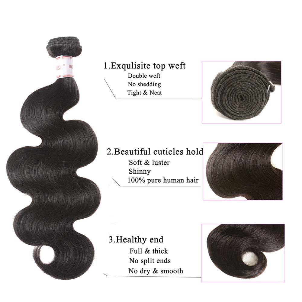 12A Brazilian Human Hair Bundles Body Wave 3 Bundles with Lace Closure 4X4 Free Part 100% Unprocessed Remy Human Hair Bundles with Closure Wet and Wavy Double Weft Natural Color (14 16 18+12)