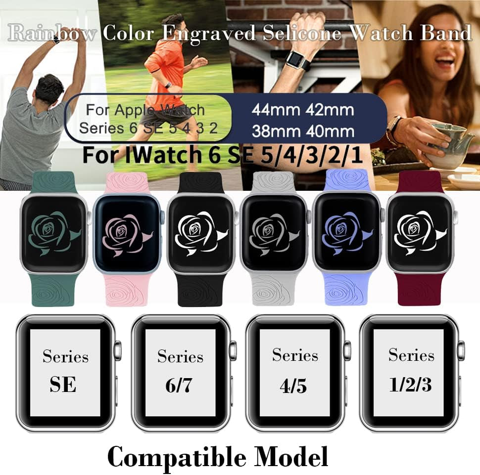 Rose Engraved Silicone Band Compatible with Watch Band 38Mm 40Mm 41Mm 44Mm 45Mm 42Mm Women Men,Sport Strap Replacement Wristbands for Watch Series 7/6/5/4/3/2/1/SE,2 Pack