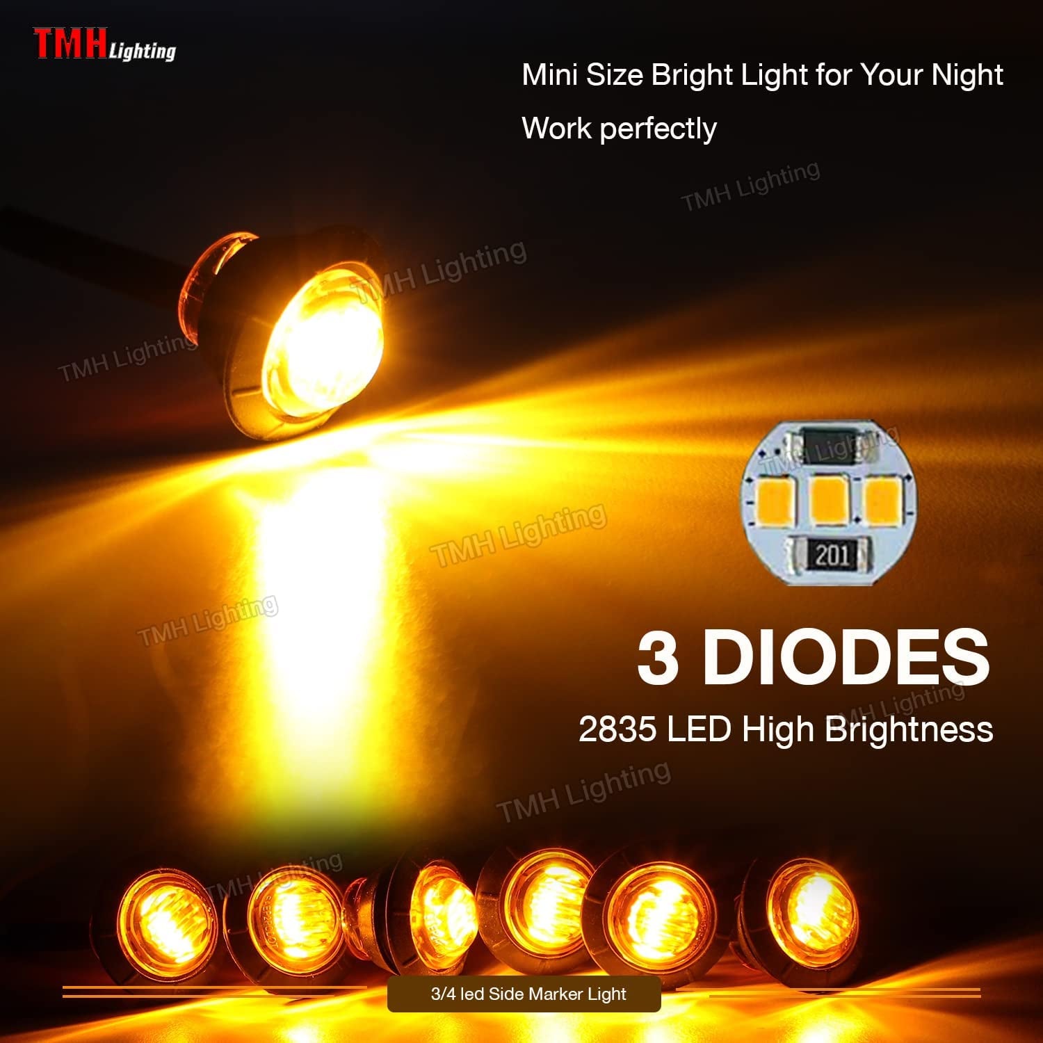 50 Pcs 3/4 Inch Mount Amber 3 LED Mini round Trailer Side Marker Indicator Lights Clearance Button Signal Lamps Universal for Trucks Lorry Boat Pickup Bus Caravan RV Waterproof Sealed Bulbs 12V DC