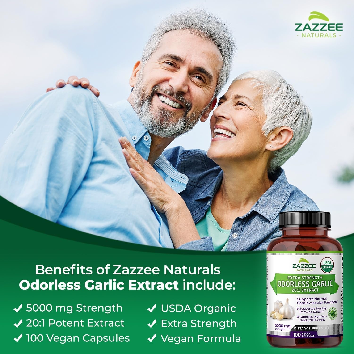 USDA Organic Odorless Garlic 20:1 Extract, 5000 Mg Strength, 100 Vegan Capsules, 3+ Month Supply, Standardized, Concentrated 20X Extract, 100% Vegetarian, All-Natural, Non-Gmo, Made in the USA TLBH