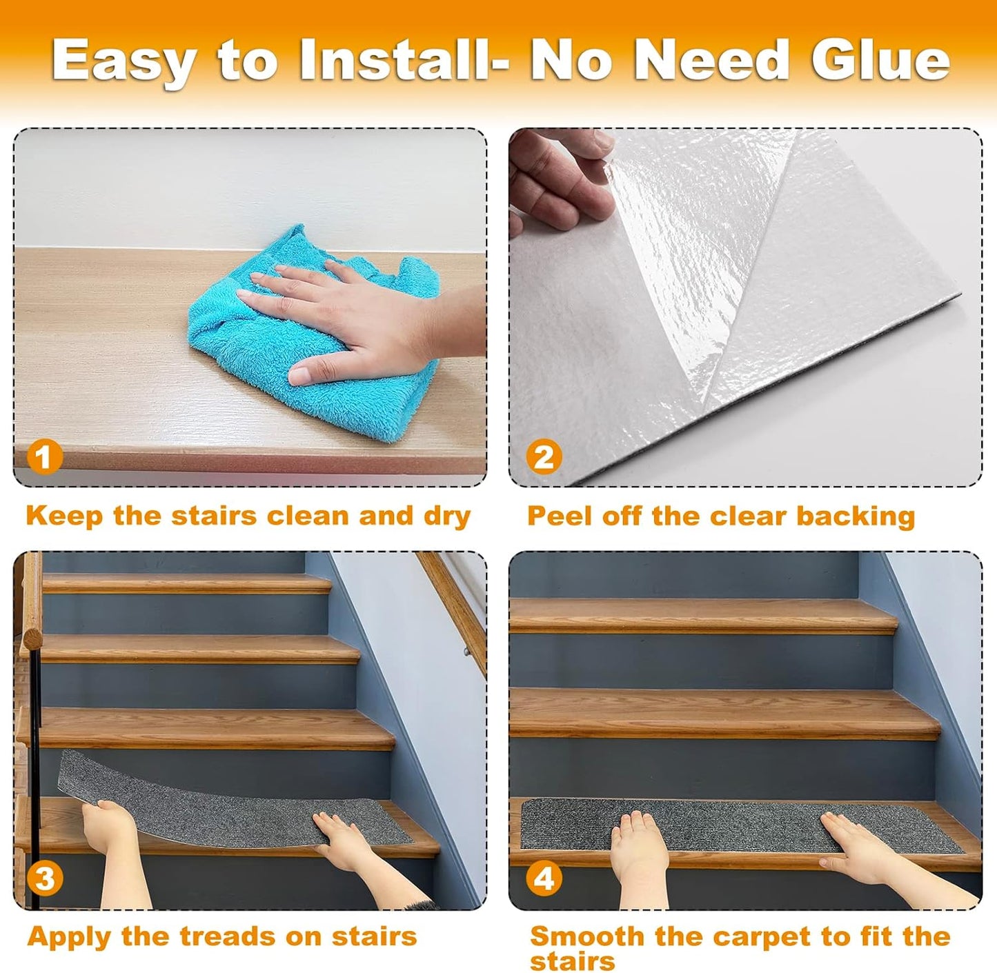 8X30In 15PCS Non-Slip Stair Treads Carpet, Self-Adhesive Stair Treads for Wooden Steps, Indoor Safety Staircase Step Treads, anti Slip Stair Runner Mats for Elders, Kids and Dogs (Dark Grey)