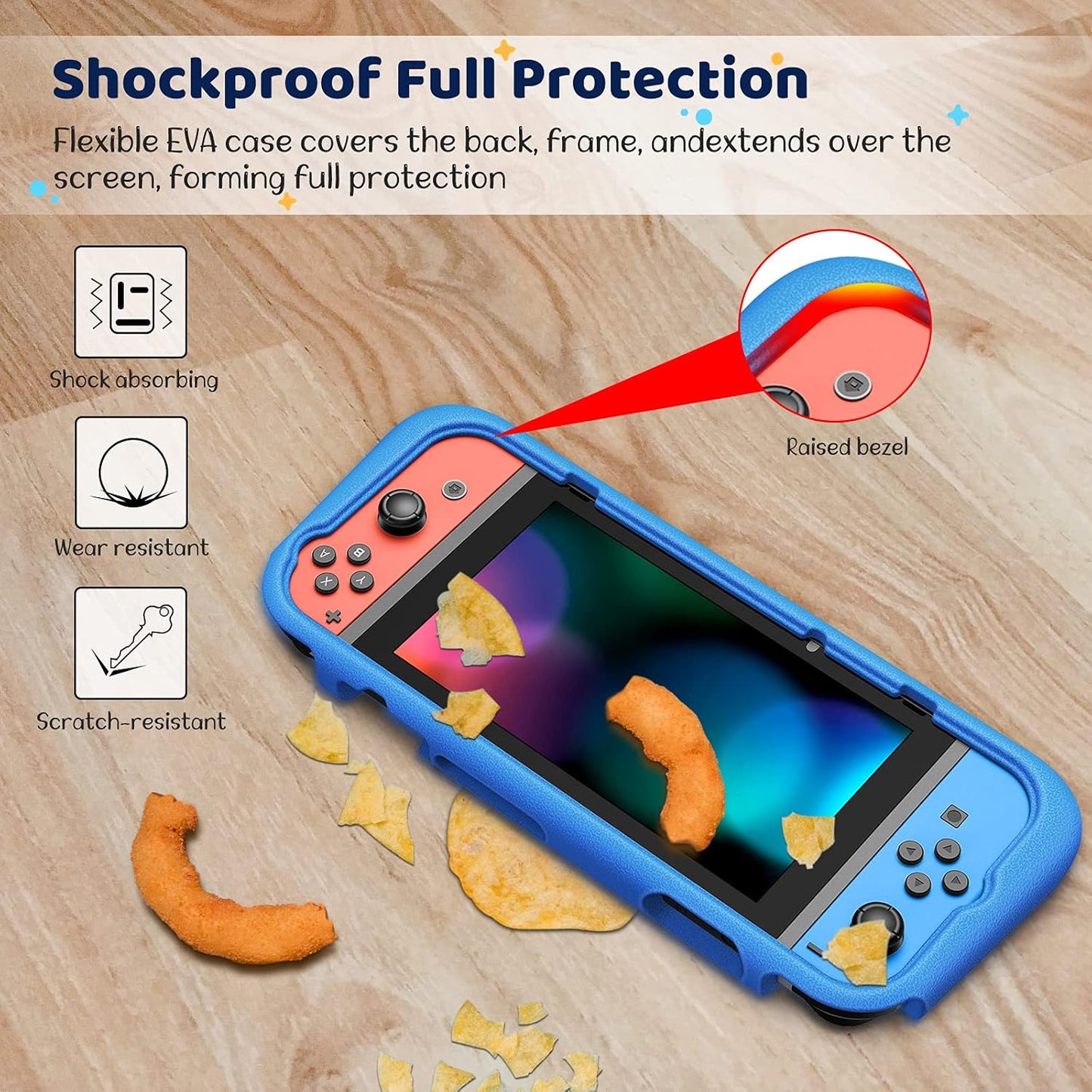 Kids Case Compatible with Nintendo Switch W/2 Game Card Slots - [Ultralight] [Shockproof] Protective Cover with Ergonomic Grip, Kids Friendly Grip Case for Switch Console (Blue)