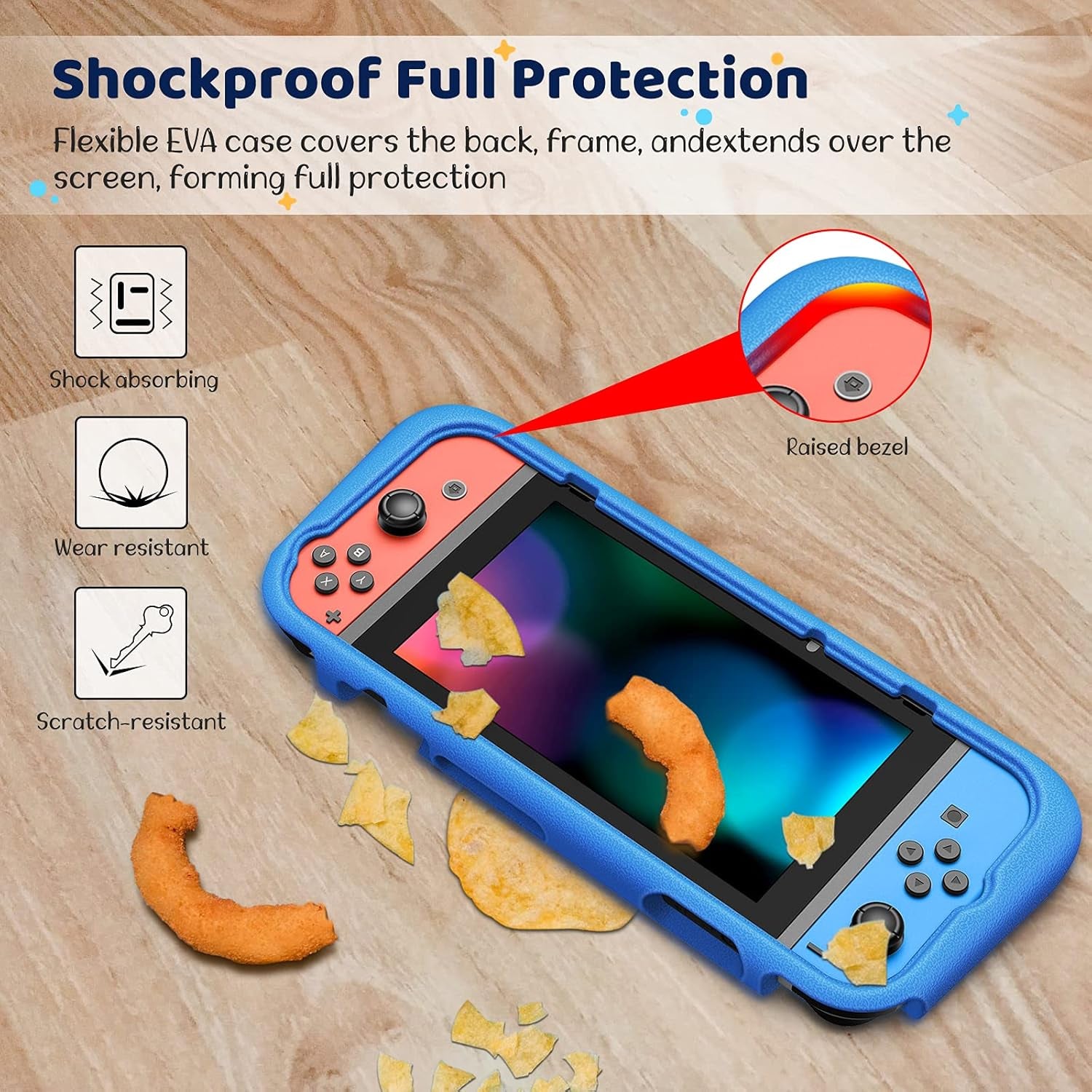 Kids Case Compatible with Nintendo Switch W/2 Game Card Slots - [Ultralight] [Shockproof] Protective Cover with Ergonomic Grip, Kids Friendly Grip Case for Switch Console (Blue)