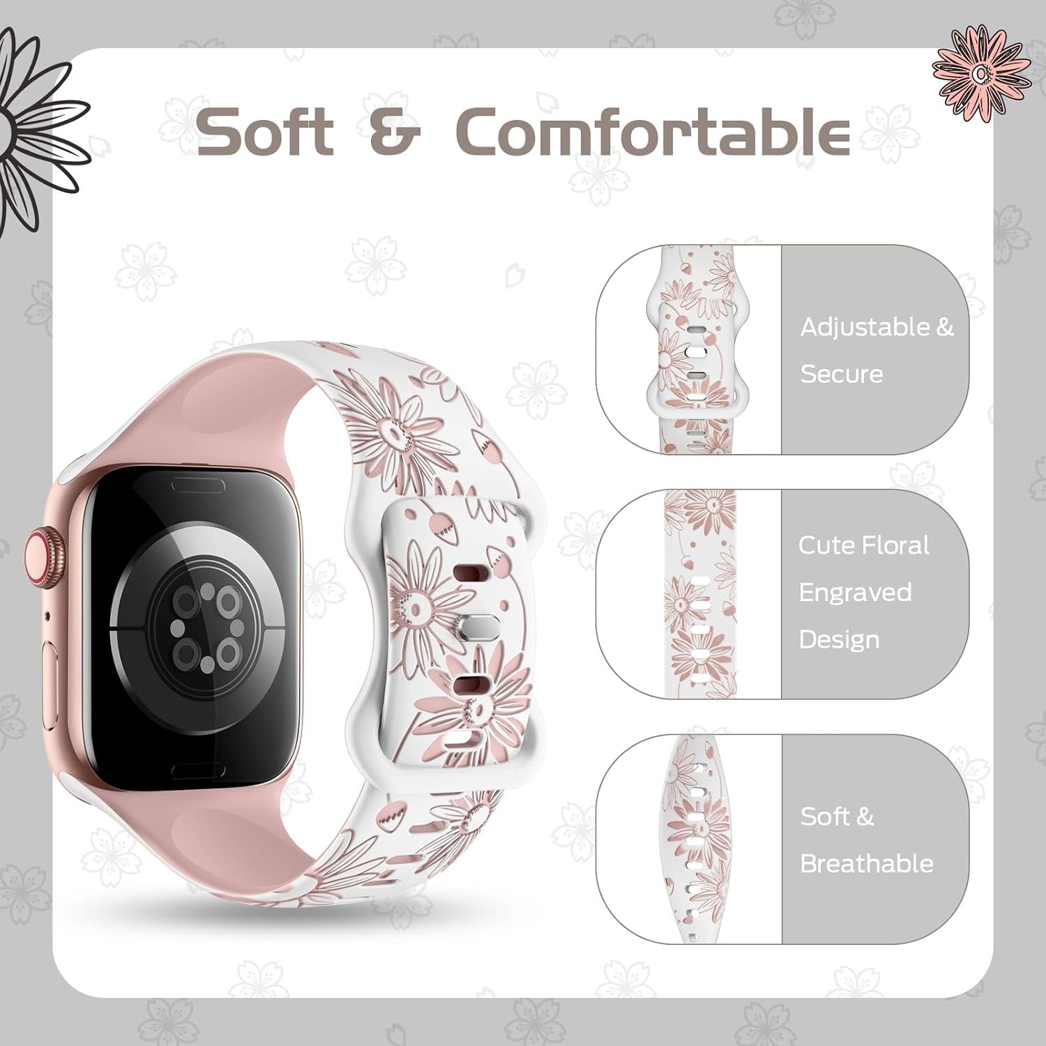 Designer Floral Engraved Band Compatible with Apple Watch Bands 40Mm 38Mm 41Mm 42/44/45/49Mm,Two-Tone Flower Soft Silicone Sport Strap for Iwatch Series 9 Ultra SE 8 7 6 5 4 3 2 Girl Pink