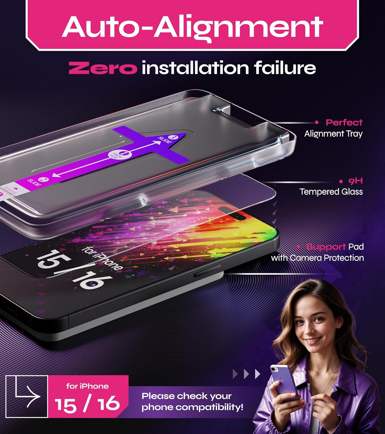 Screen Protector Compatible with Iphone 15/16 (2Pack), Easy Auto-Align Install Kit, 6.1" Tempered Glass, 9H Hardness, Ultra HD Clear, Case Friendly, Easyshield