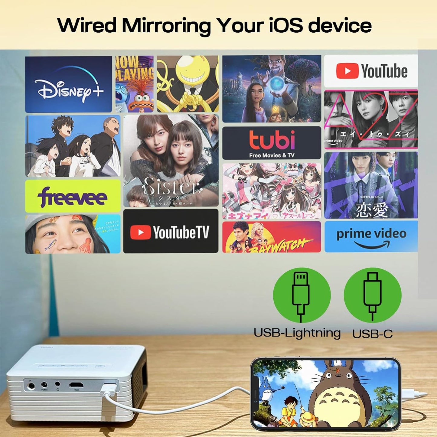 Mini Projector for Phone, Portable Small 1080P Full HD Supported for Ios/Android/Laptop, Videoprojector Y3 Compatible with Fire Stick, HDMI, USB, PS5, Xbox