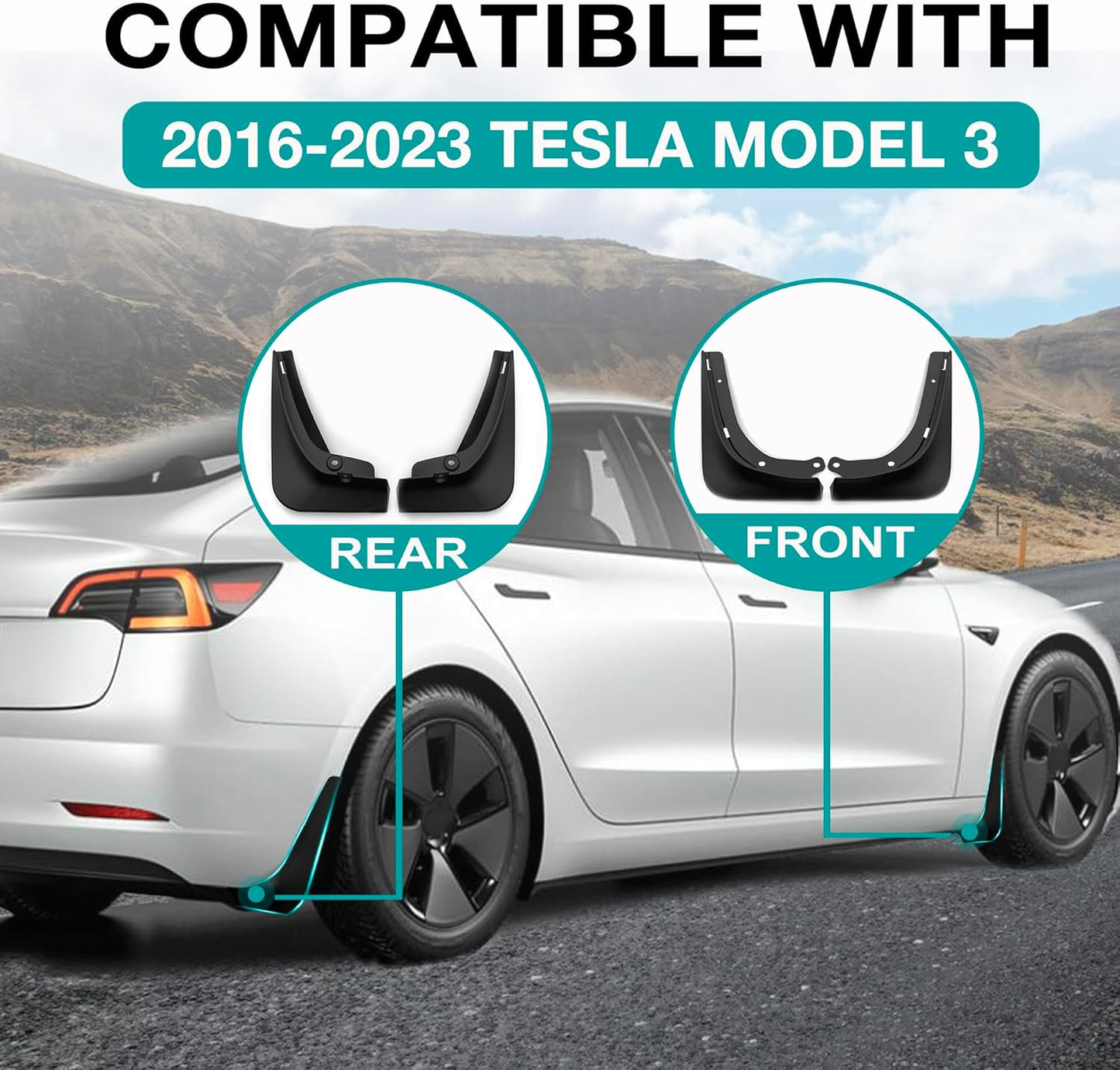 Mud Flaps for Tesla Model 3 2016-2023 No Drilling Required Splash Guards Model 3 Accessories All-Weather Protection Fenders (Pack of 4)