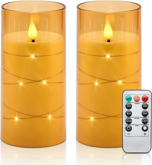 Flickering Flameless Candles Battery Operated Candles LED Candles with Remote Timer for Home/Wedding/Birthday/Holiday Decor ，Brown 3D Flame Set of 2 (D3 Xh6 6")