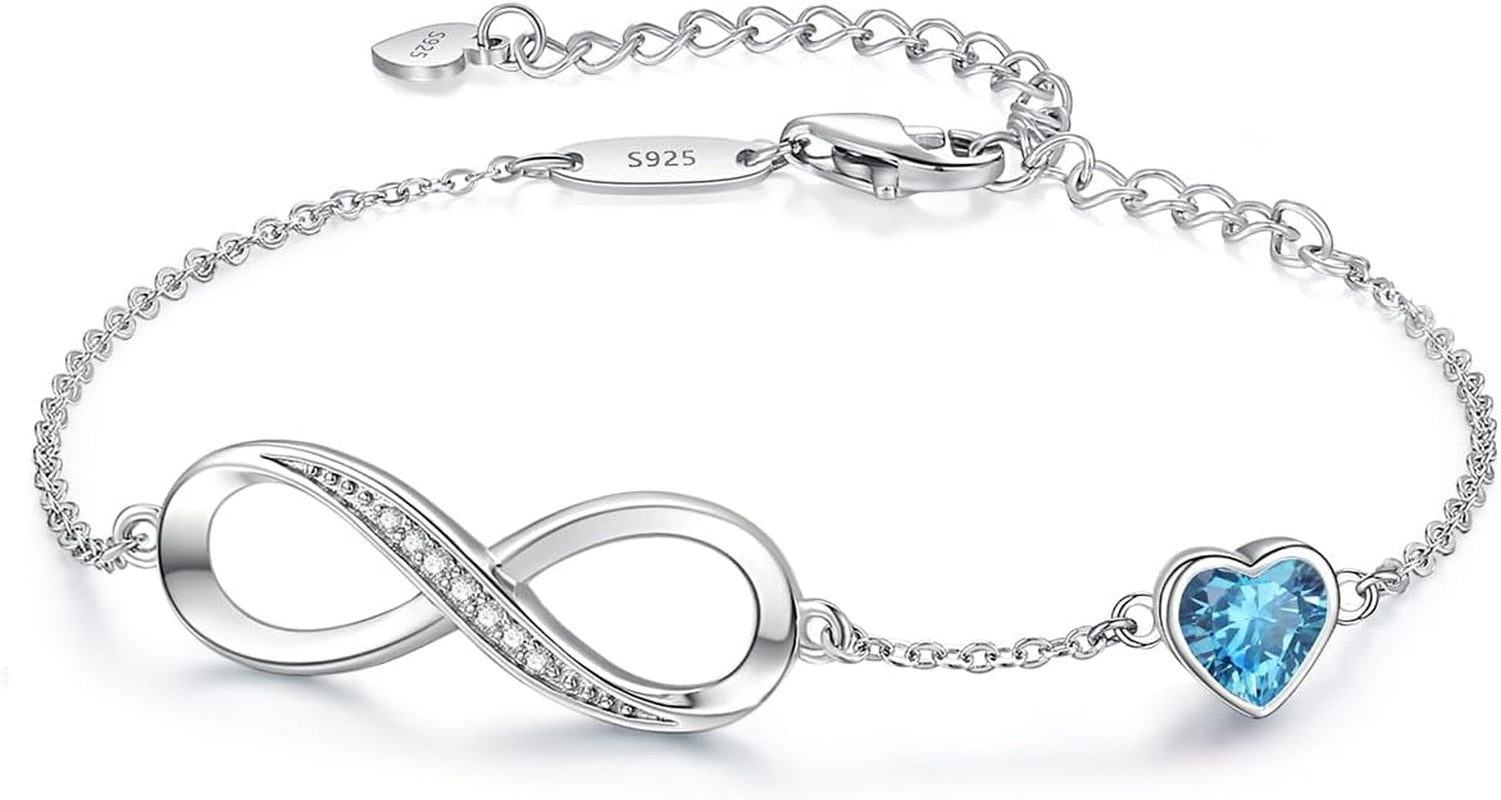 Infinity Heart Birthstone Charm Link Bracelet for Women 925 Sterling Silver Adjustable Valentines Mother'S Day Gift Anniversary Jewelry Birthday Gifts for Women Wife Girlfriend Her
