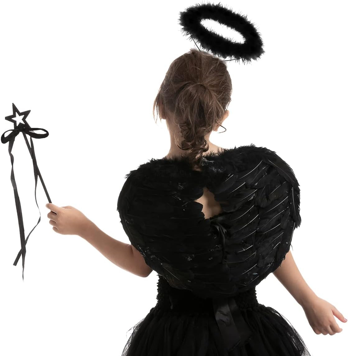 Black White Angel Wings Halo Headband with Wand for Kids Feather Fairy Wings Halloween Party Costume