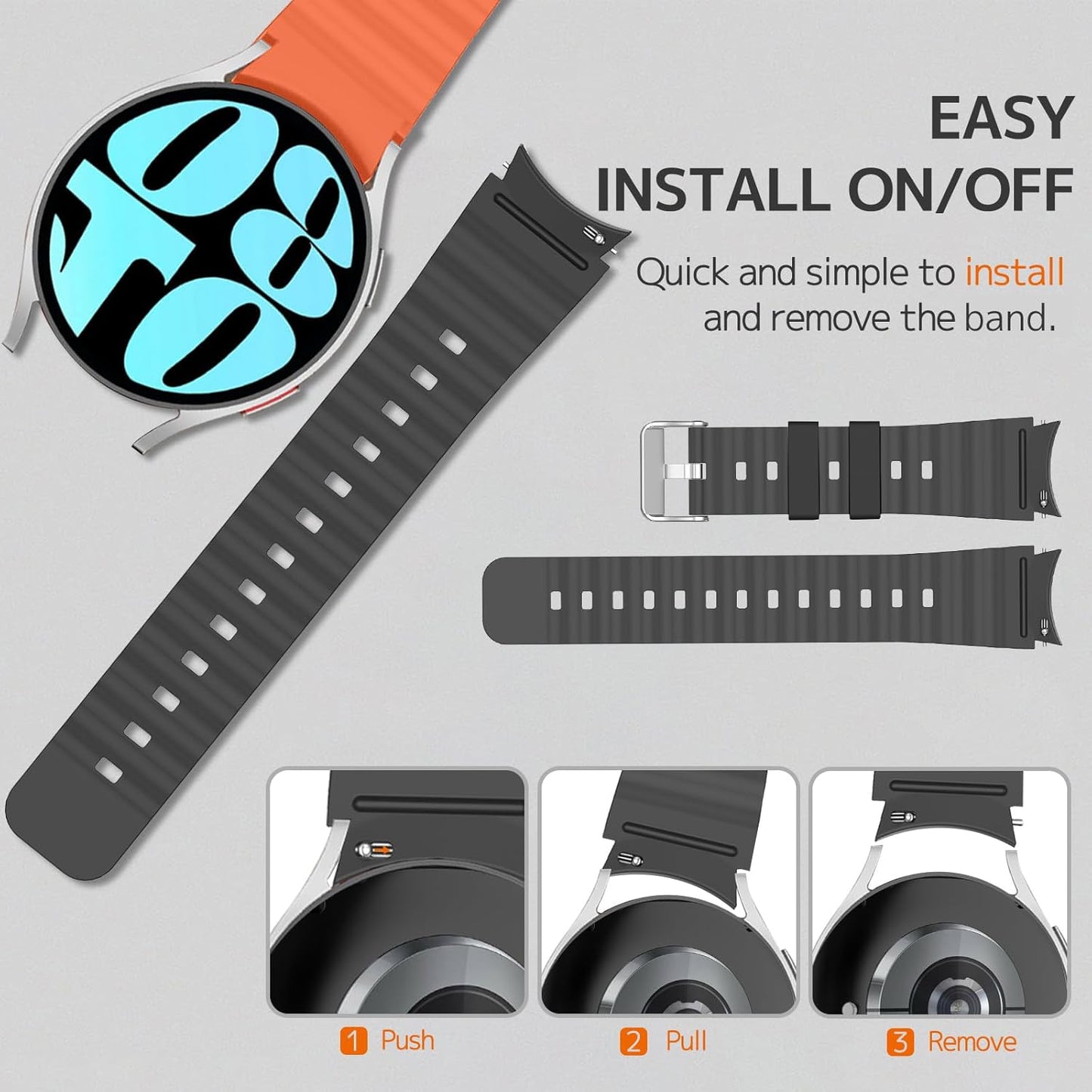 Compatible for Samsung Galaxy Watch 7 Band Galaxy Watch FE 6 5 4 3 Classic Band 40Mm 44Mm 45Mm 42Mm 46Mm 43Mm 47Mm 41Mm,Sport Silicone Galaxy Watch 6 Bands for Samsung Watch 7 Band Black Grey