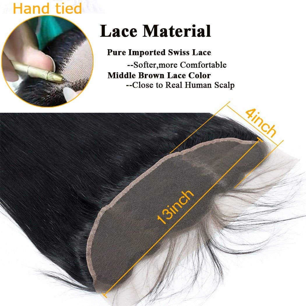 Straight Lace Frontal Closure 13X4 Ear to Ear Lace Frontal Free Part Straight Frontal Pre Plucked Frontal 12A Grade Brazilian Human Hair 13X4" Full Lace Frontal Closure with Baby Hair Natural Black